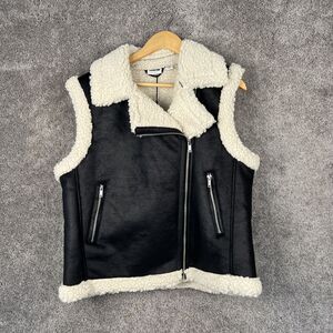 Noisy May Womens Vest Size Medium Black Faux Leather Moto Fleece Zippered New